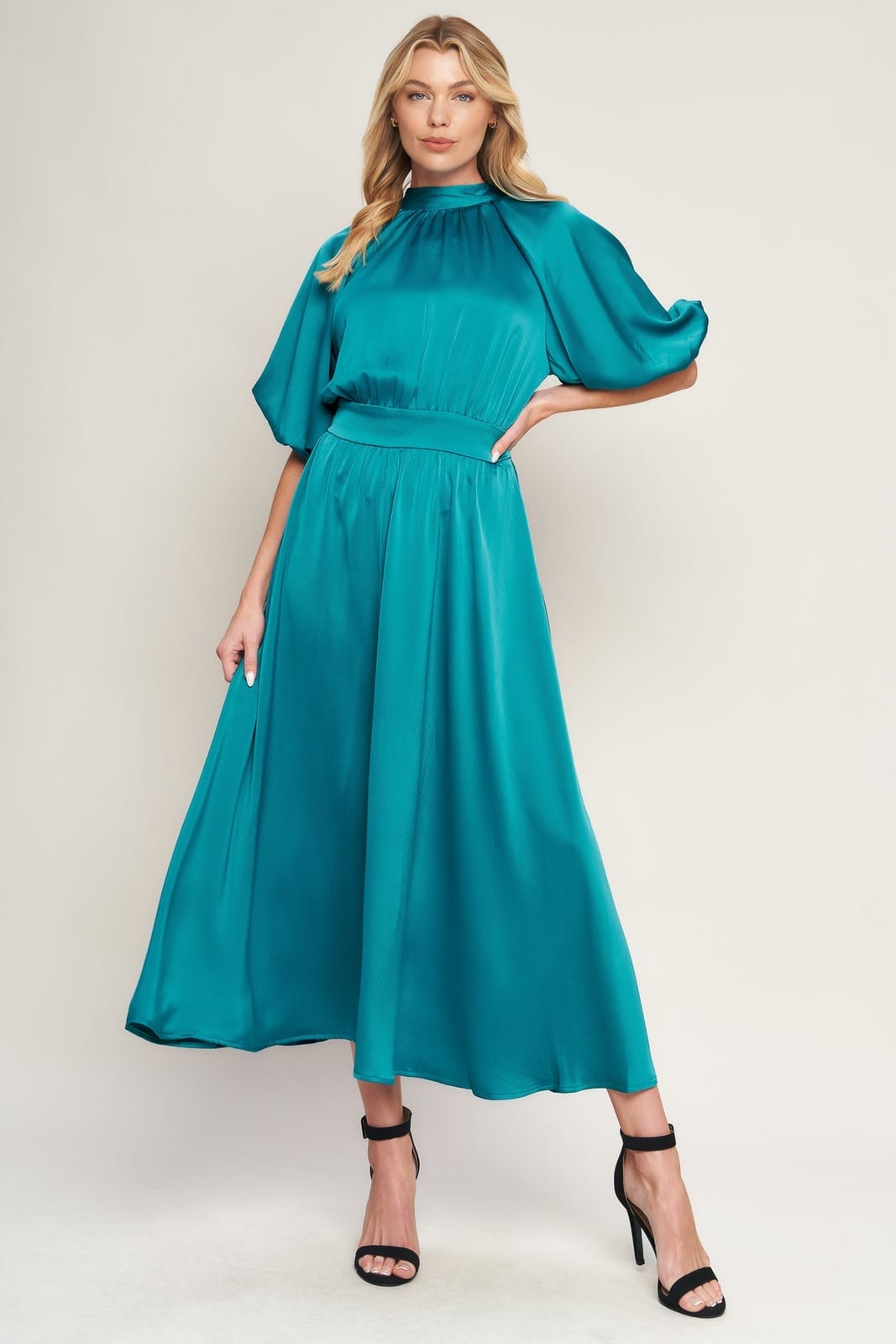 Teal Satin Midi Dress with Dramatic Dolman Sleeves, Close-Up Take Teal Satin Midi Dress with Dramatic Dolman Sleeves, Close-Up Take — Classy Turquoise Dress