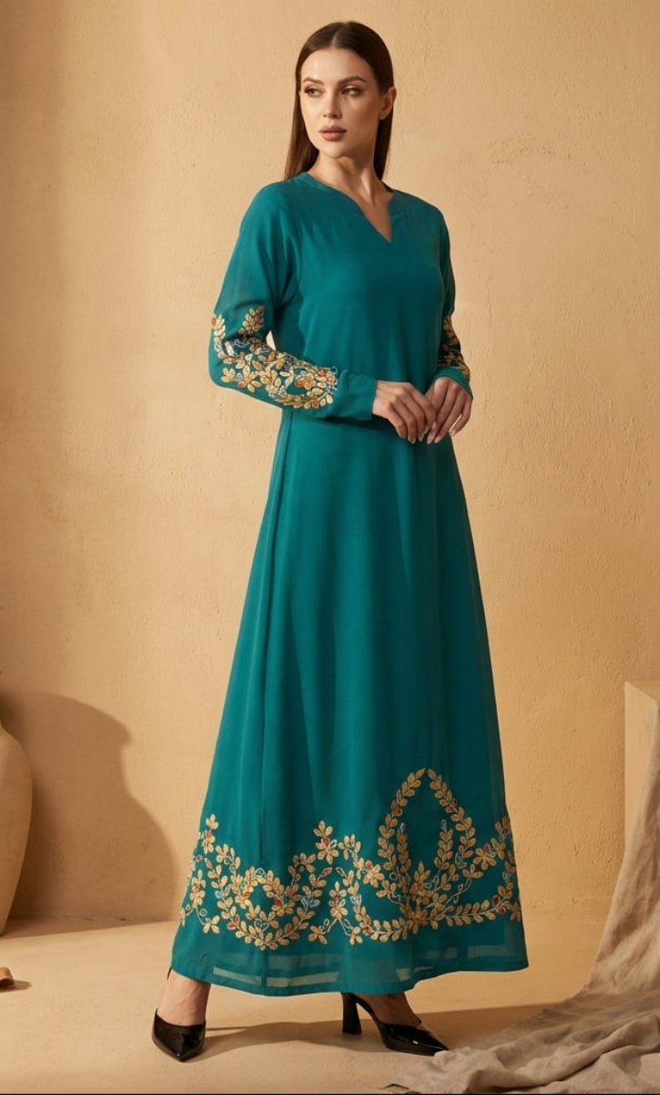 Teal Green A-line Dress with Gold Floral Embroidery Teal Green A-line Dress with Gold Floral Embroidery — Classy Turquoise Dress