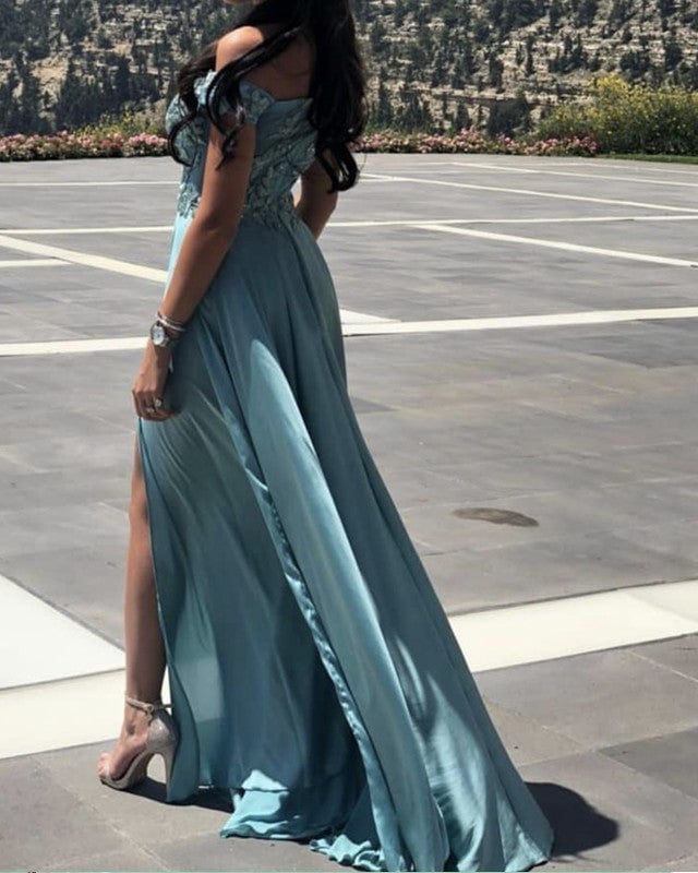 Turquoise Blue Satin Off-Shoulder Dress with Lace and High Slit Turquoise Blue Satin Off-Shoulder Dress with Lace and High Slit — Classy Turquoise Dress