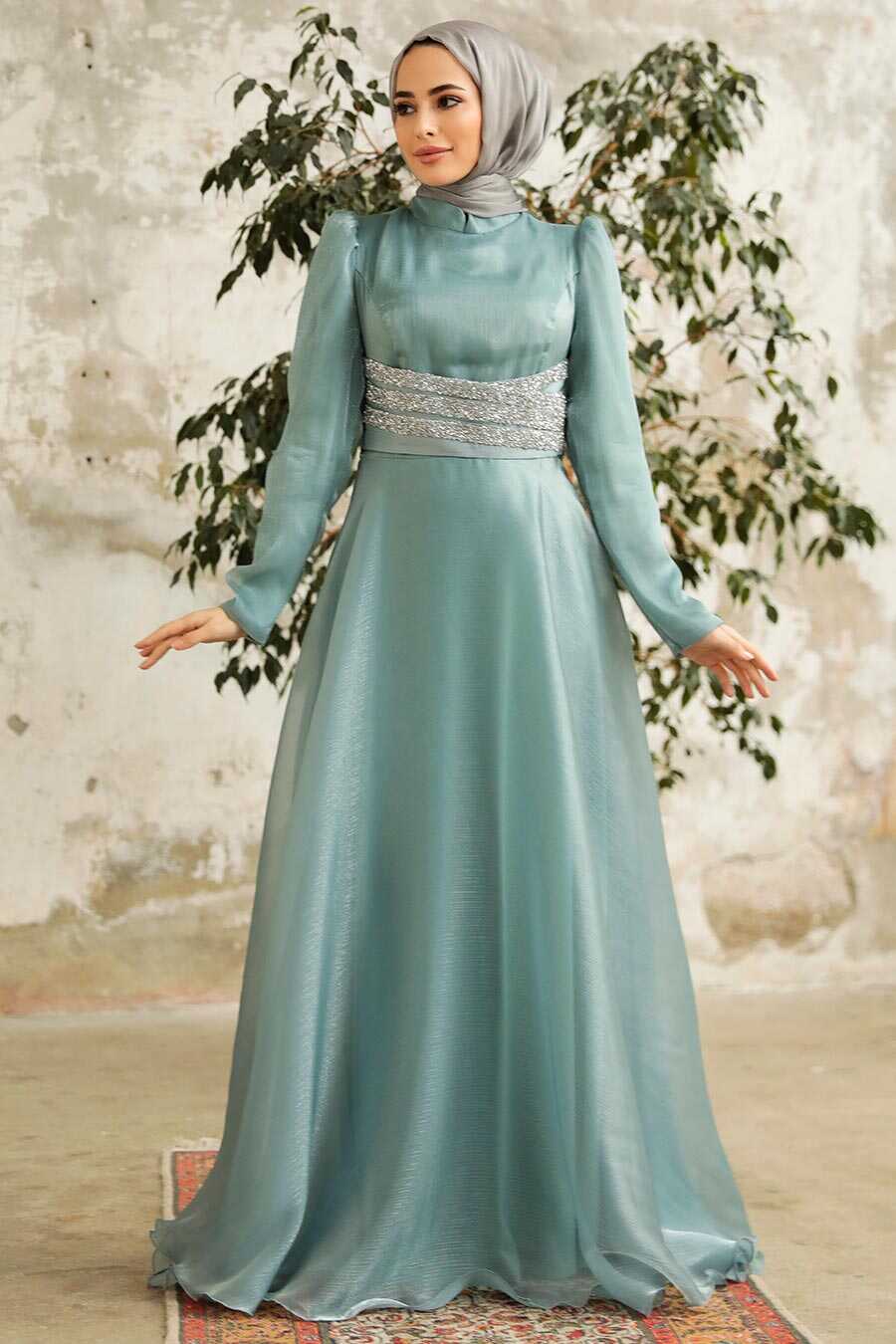 Muted Teal Long-Sleeve Dress with Sheer Overlay, Close-Up Take Muted Teal Long-Sleeve Dress with Sheer Overlay, Close-Up Take — Classy Turquoise Dress