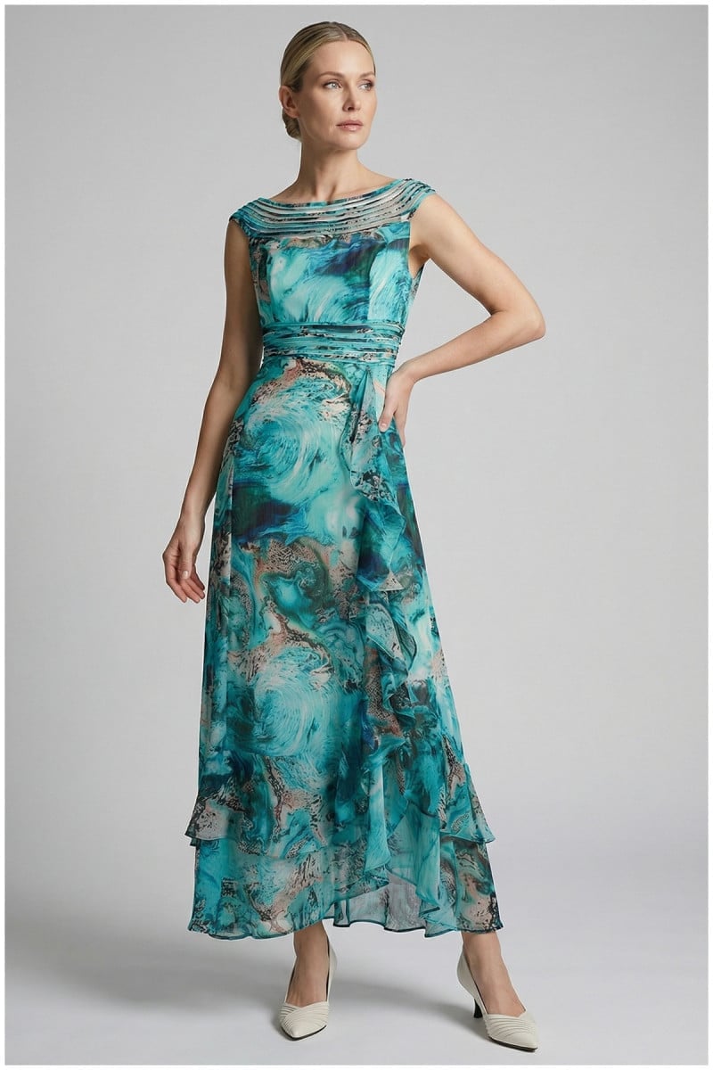 Turquoise and White Abstract Print Tiered Dress, Close-Up Take Turquoise and White Abstract Print Tiered Dress, Close-Up Take — Classy Turquoise Dress