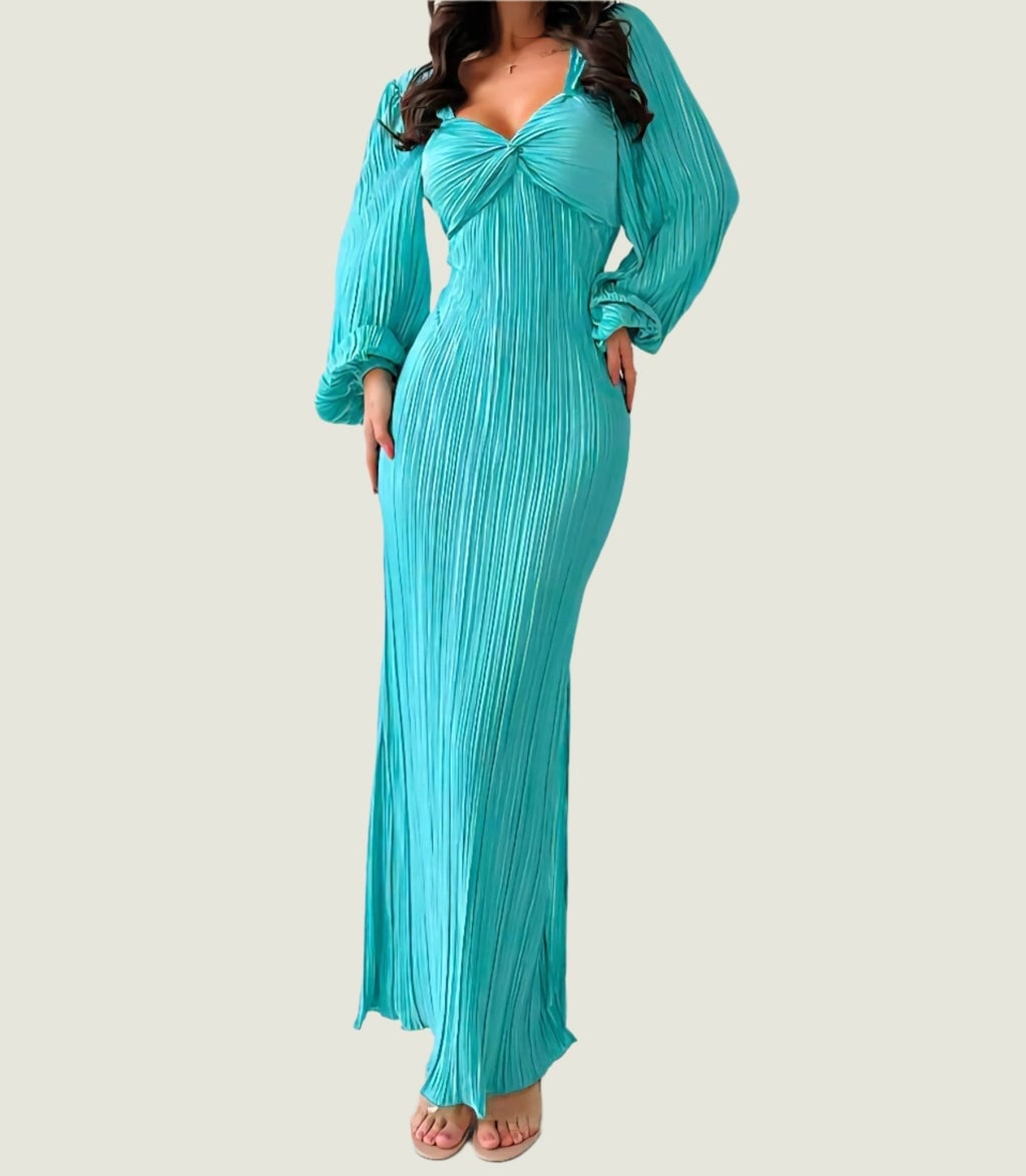 Turquoise Long Sleeve Bodycon Dress with Twisted Front Turquoise Long Sleeve Bodycon Dress with Twisted Front — Classy Turquoise Dress