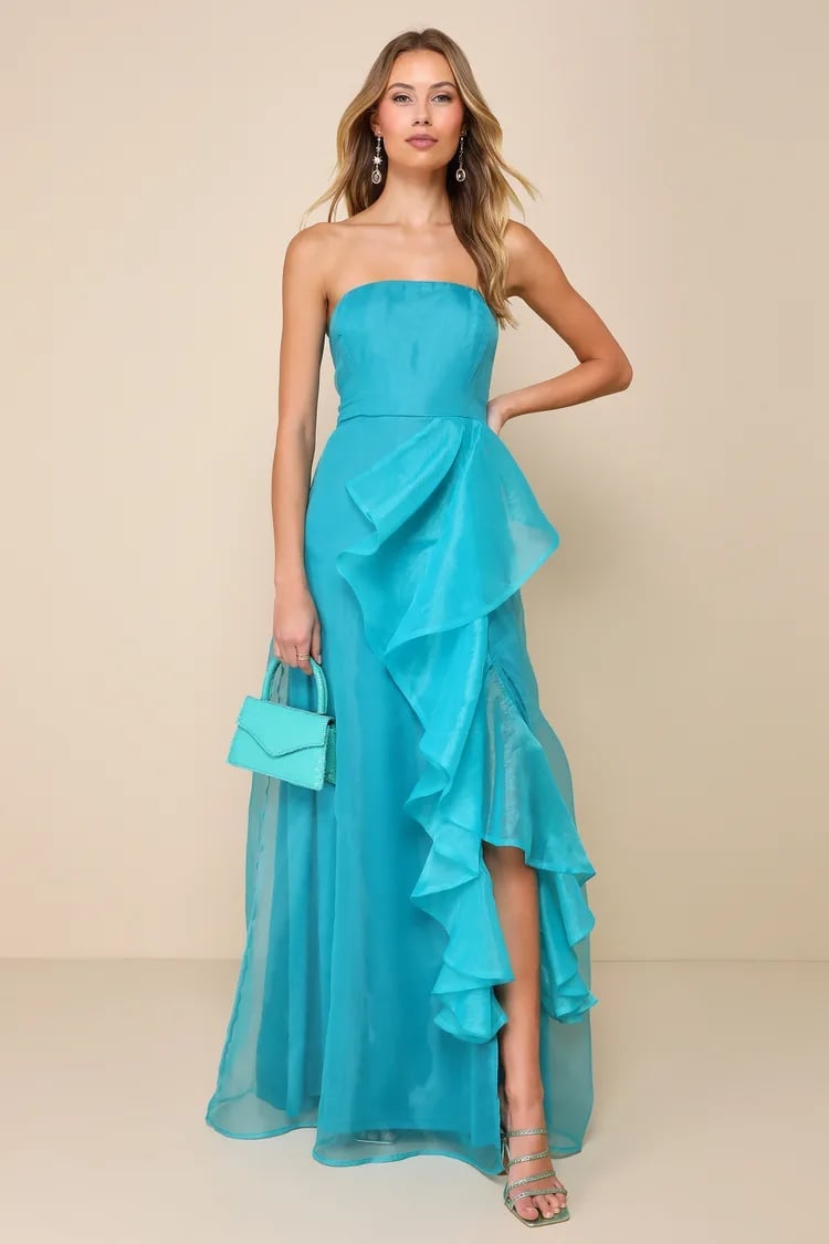 Strapless Turquoise Organza Gown with Cascading Ruffle Strapless Turquoise Organza Gown with Cascading Ruffle — Classy Turquoise Dress