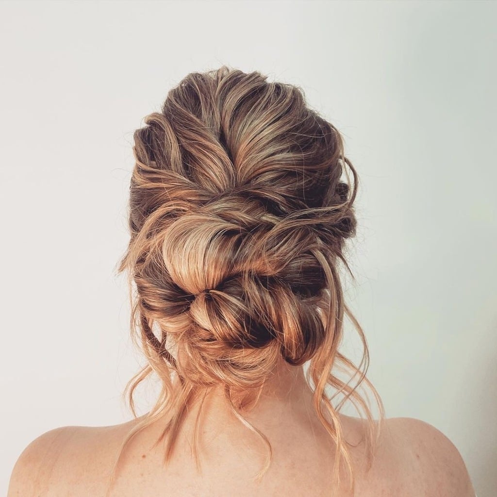 Blonde Braided Updo With Gold Pins — Classy Wedding Guest Updos