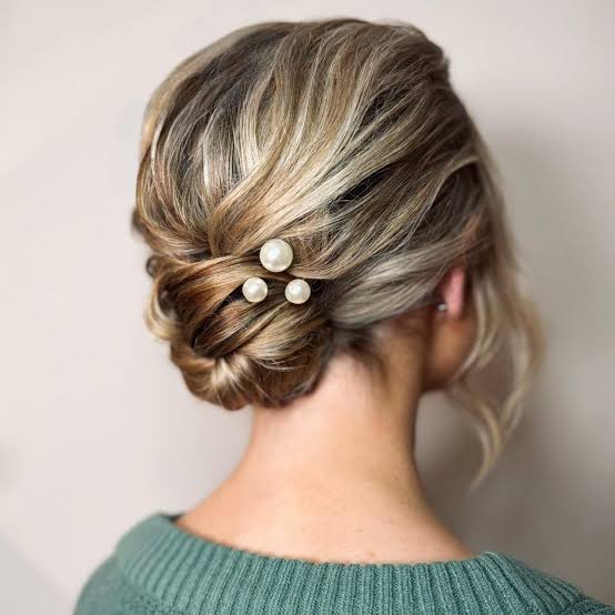 Blonde Low Updo With Pearl Pins — Classy Wedding Guest Updos