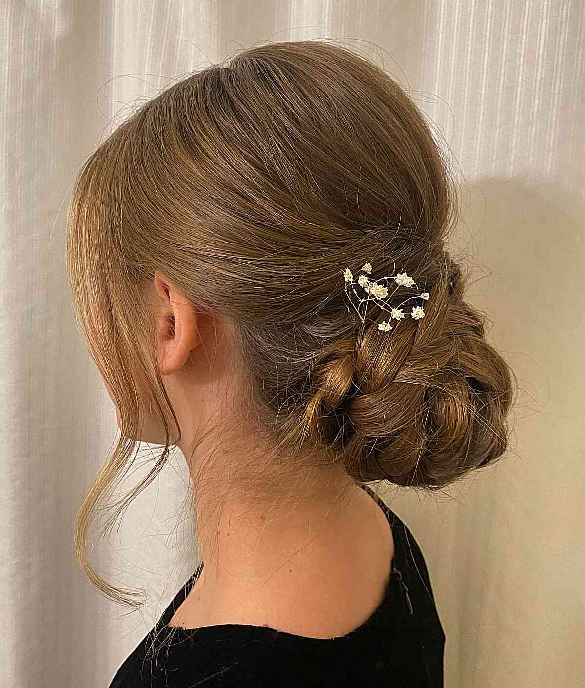 Medium Brown Braided Updo With Tendrils — Classy Wedding Guest Updos