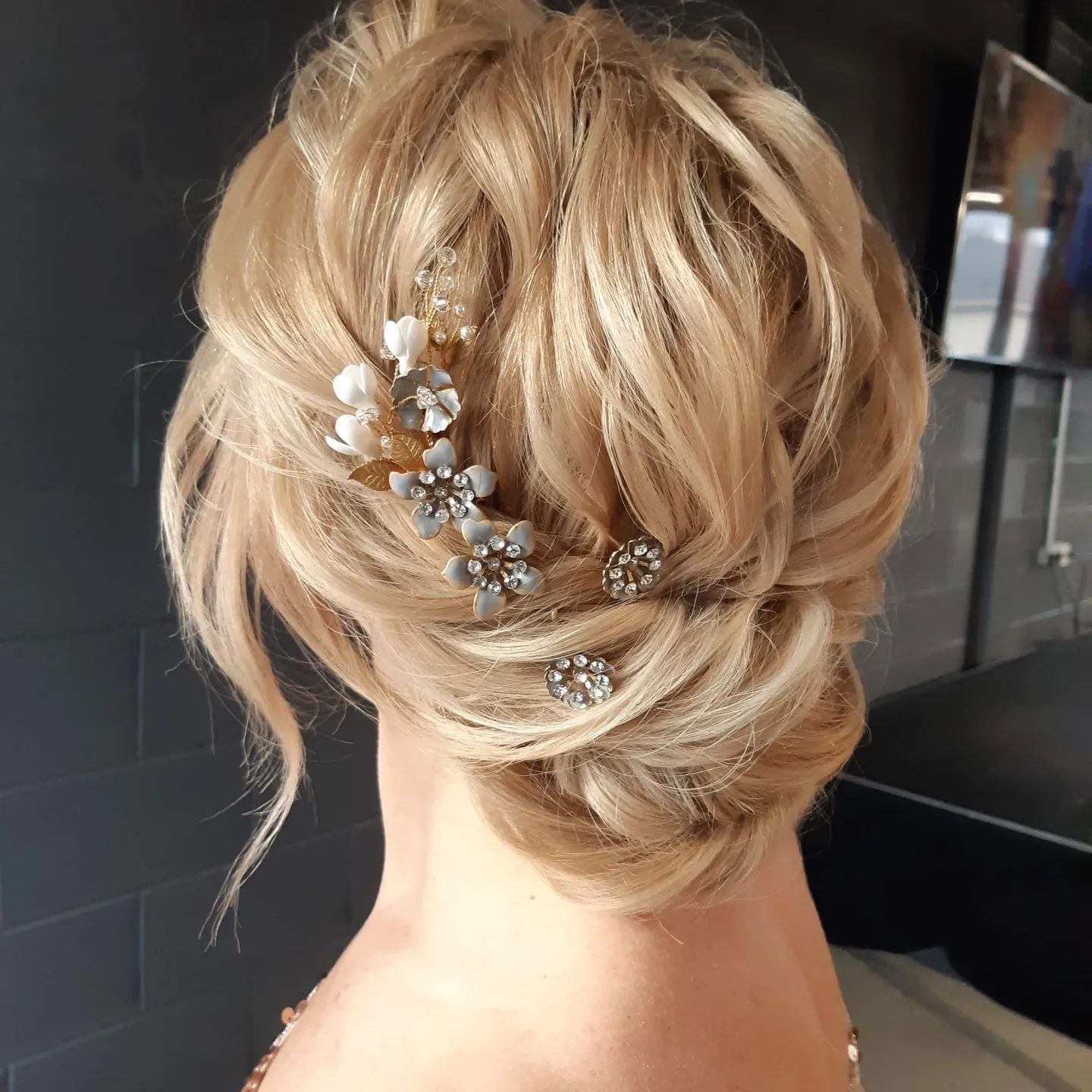 Ash Blonde Updo With Ornate Pins — Classy Wedding Guest Updos