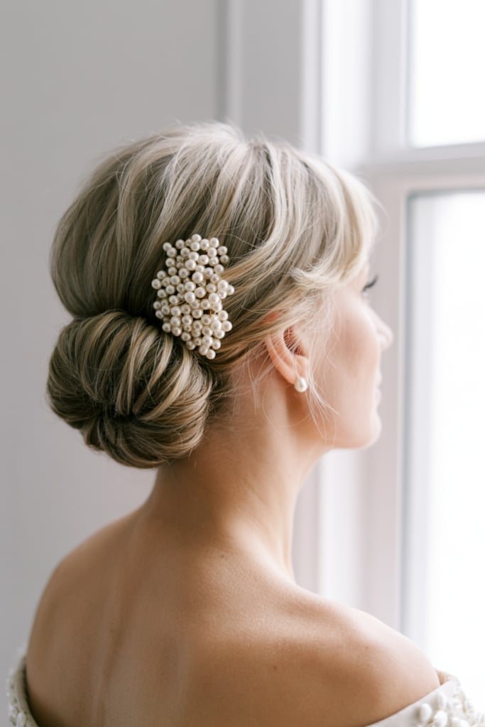 Blonde Low Bun With Ornate Pearl Accessory, Side Swept — Classy Wedding Hair