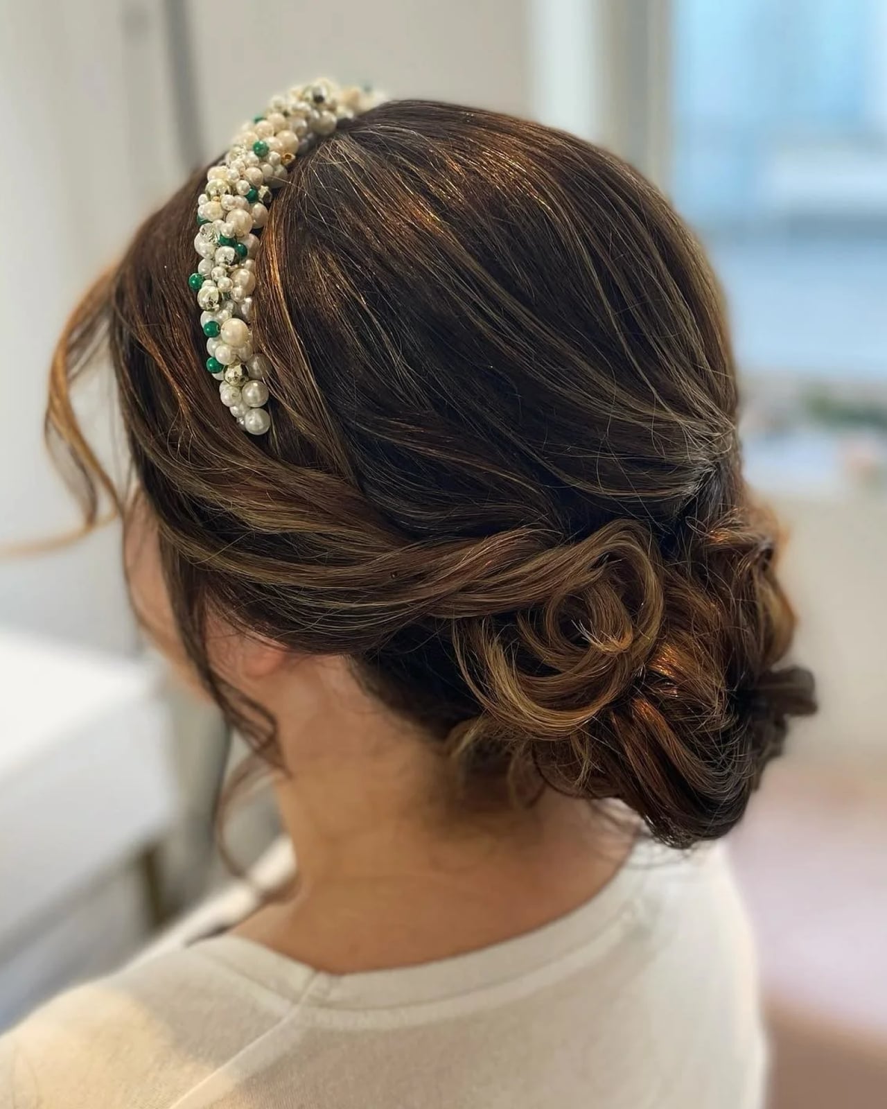 Twisted Low Bun With Pearl Headband — Classy Wedding Hair