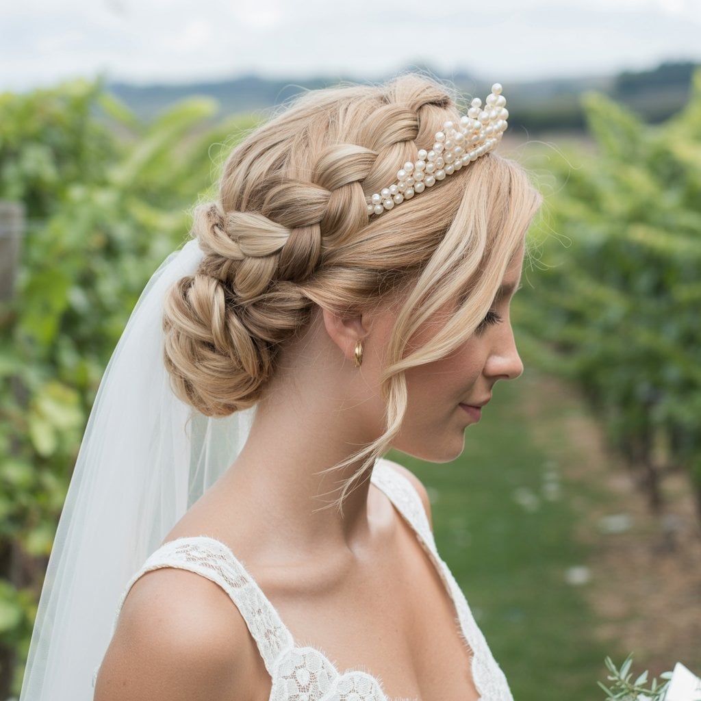 Blonde Braided Updo With Tiara and Veil — Classy Wedding Hair