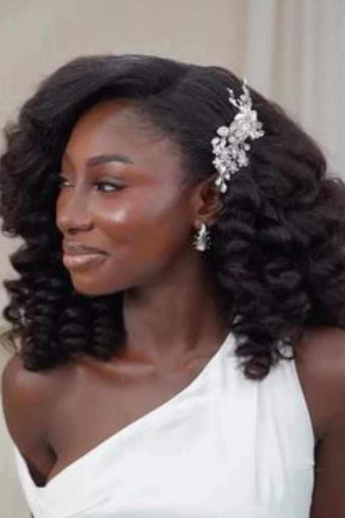 Glamorous Voluminous Curls Swept to One Side — Classy Wedding Hair