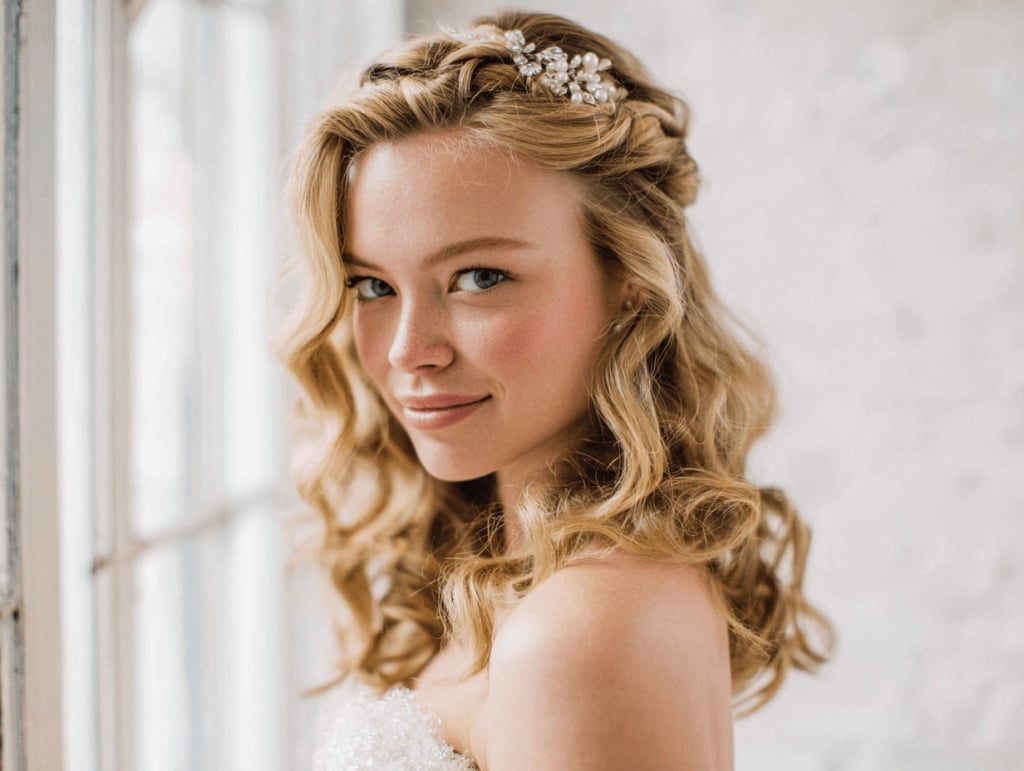 Half Up Half Down With Curtain Bangs and Curls — Classy Wedding Hair