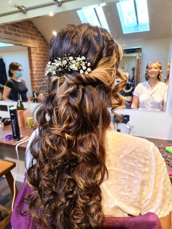 Half Up Half Down With Curls and Floral Accessory — Classy Wedding Hair