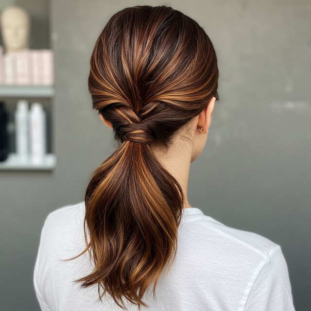 Mid-Back Twisted Ponytail Warm Blonde Highlights, Wavy — Classy Work Hair