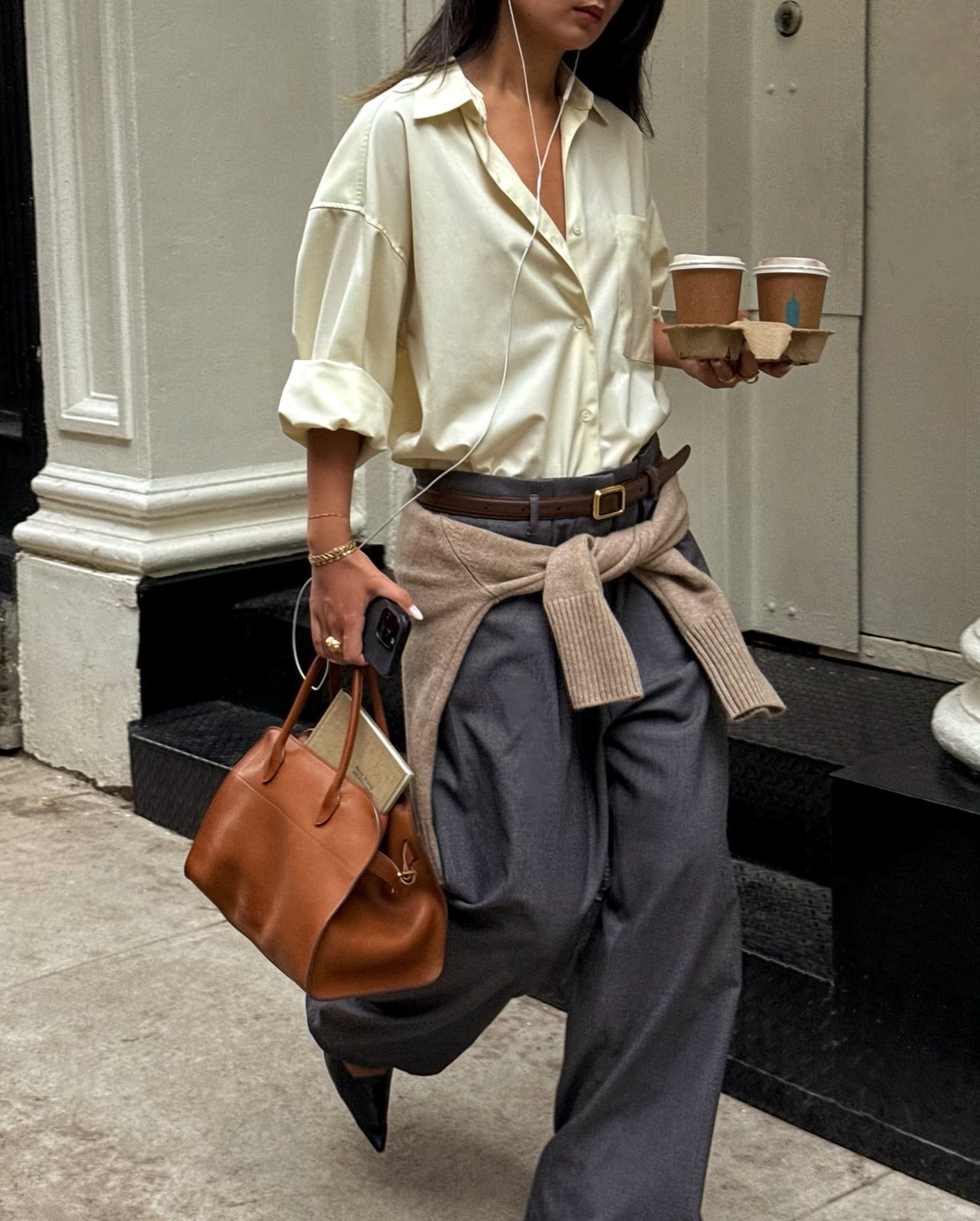 Oversized yellow shirt with gray trousers and cardigan — Classy Work Outfits
