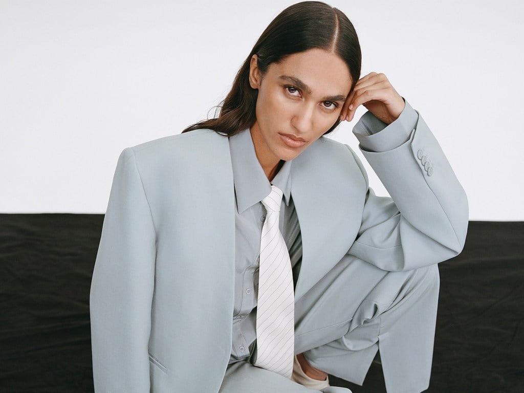 Oversized pastel blue blazer with striped tie — Classy Work Outfits