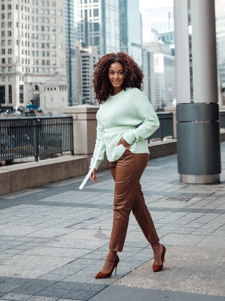 Mint green sweater with tie waist and brown trousers — Classy Work Outfits