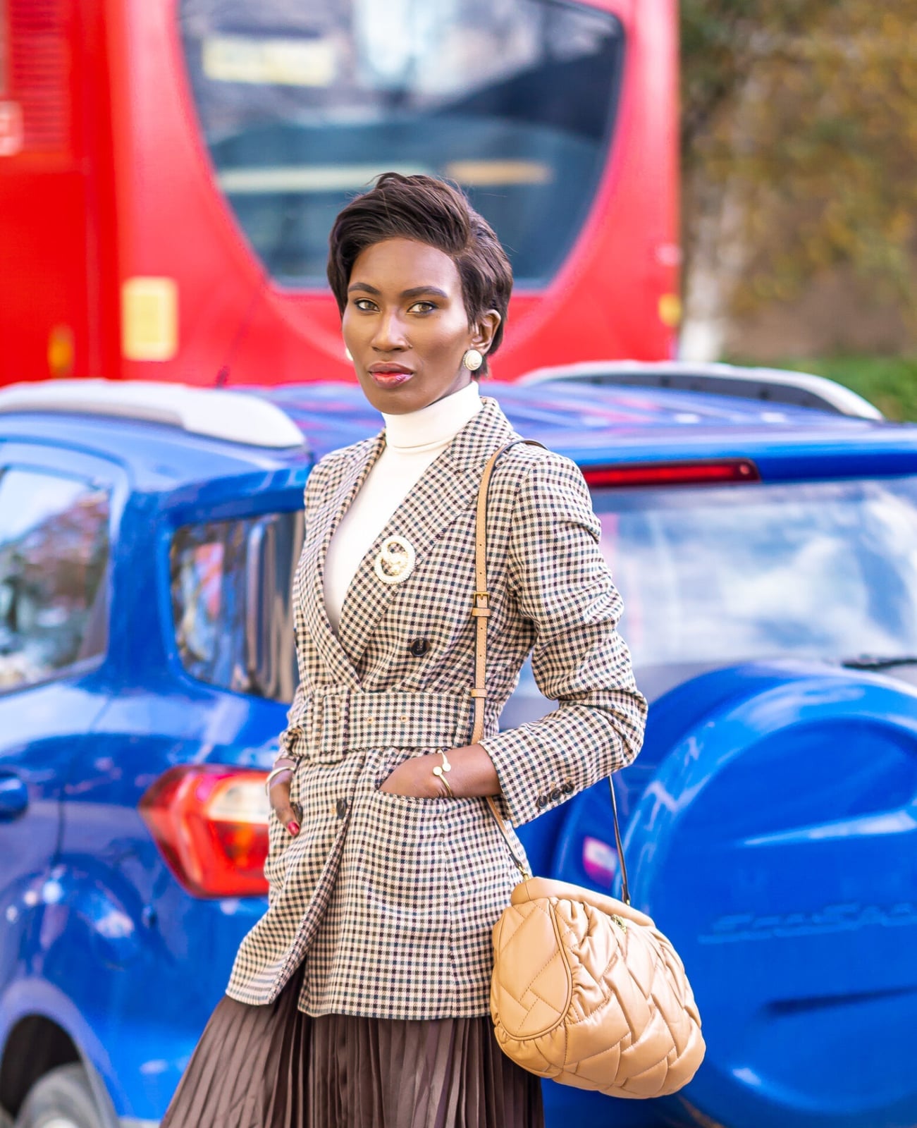 Checked double-breasted blazer with turtleneck and skirt — Classy Work Outfits