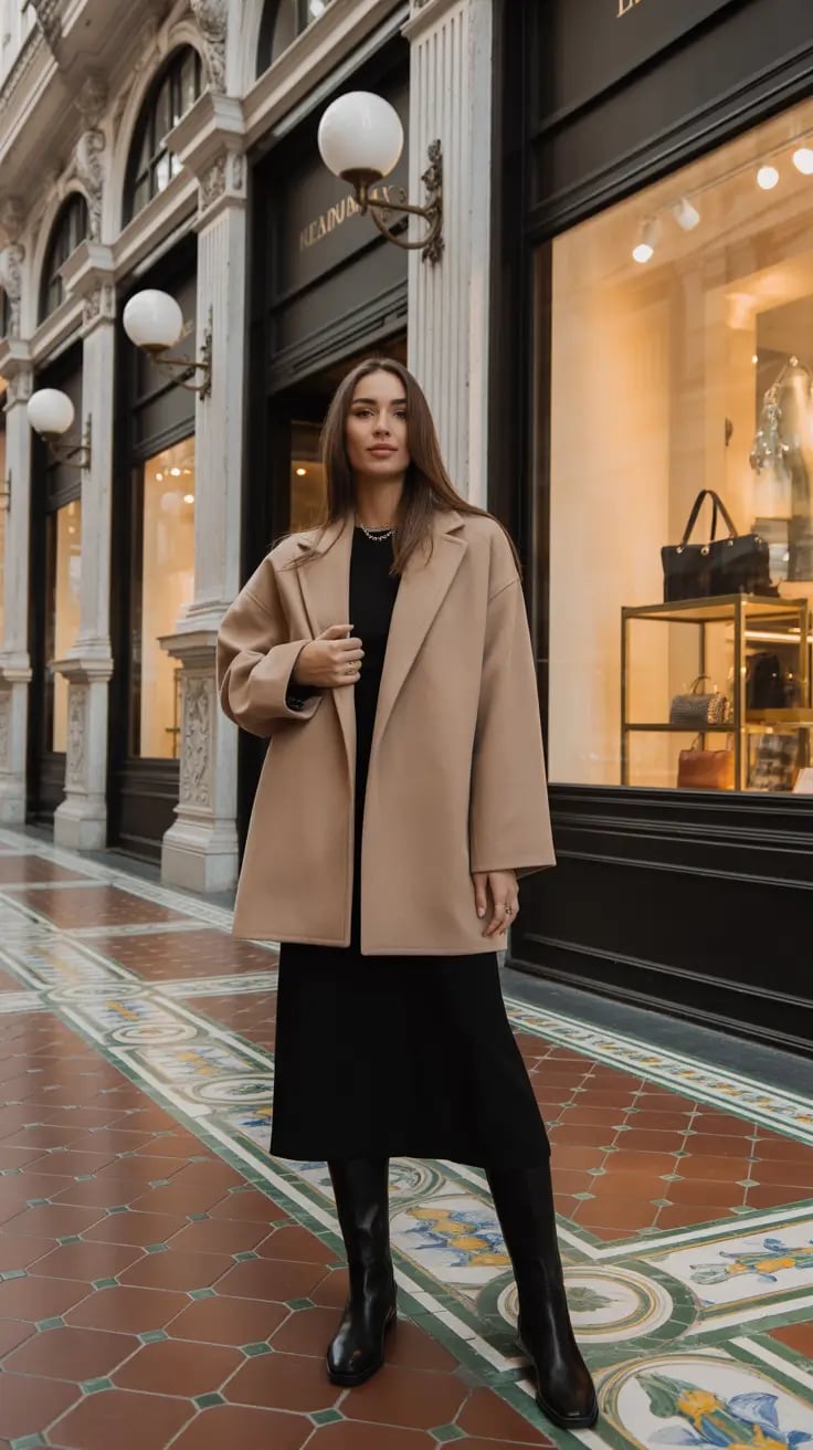Oversized camel blazer with black knit dress — Classy Work Outfits