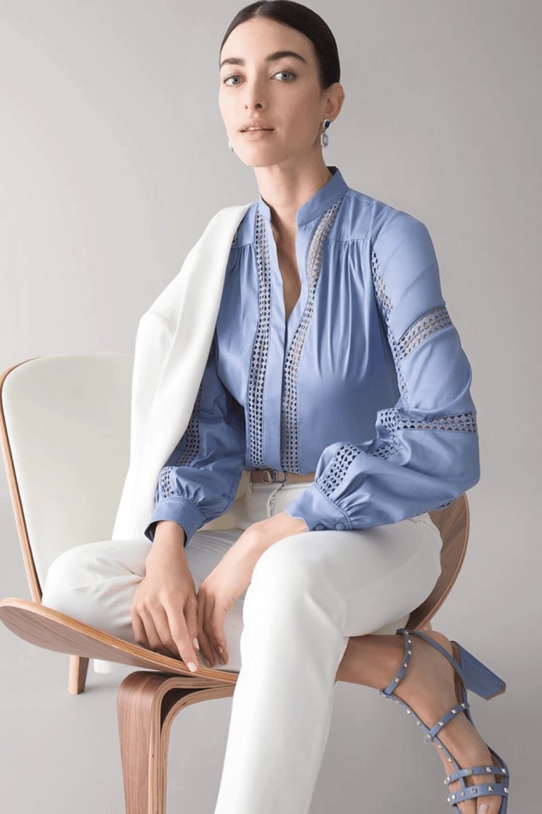 White blazer with blue lace-trimmed blouse and slim trousers — Classy Work Outfits