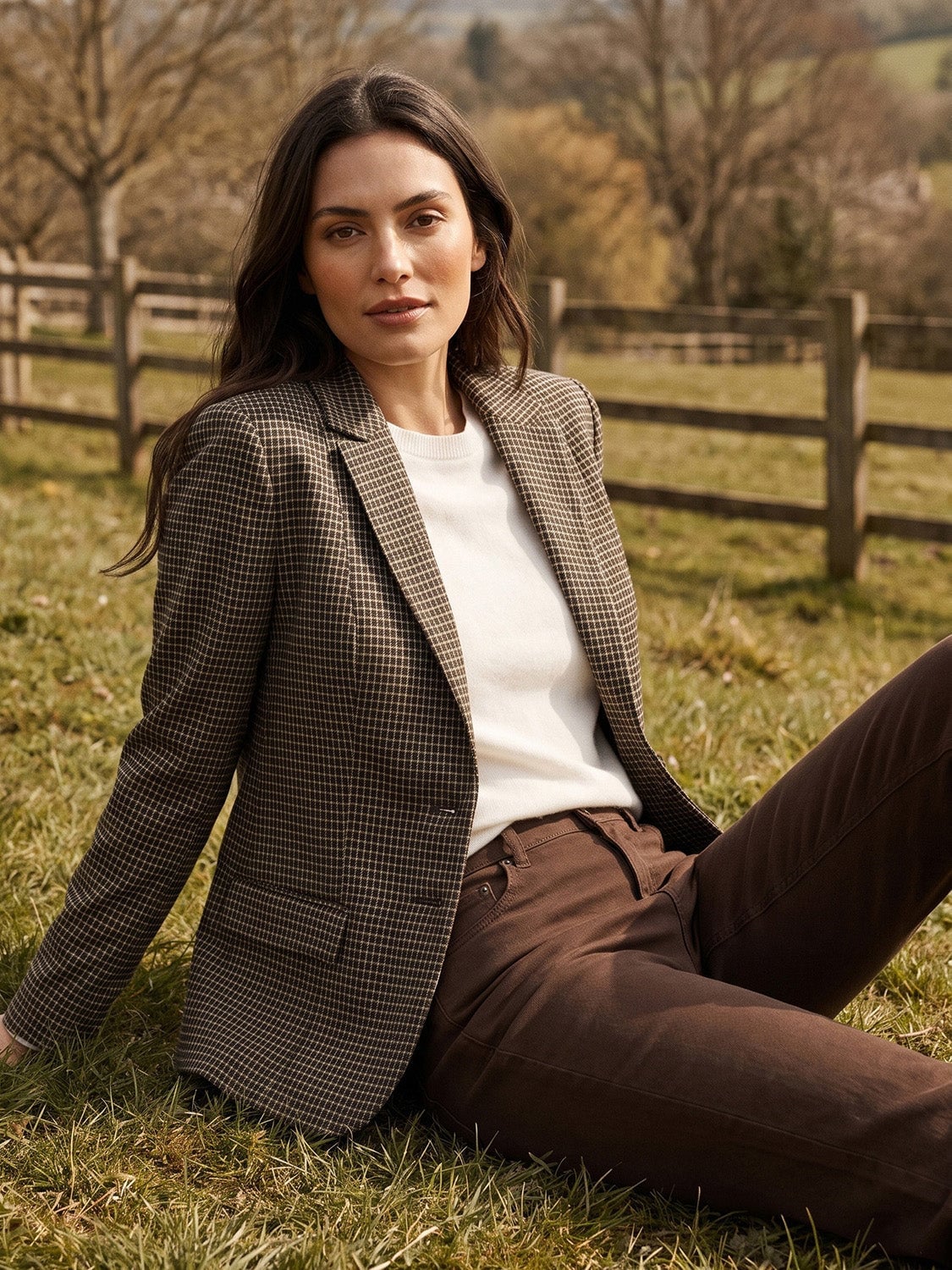 Brown checked blazer over white sweater and brown trousers — Classy Work Outfits