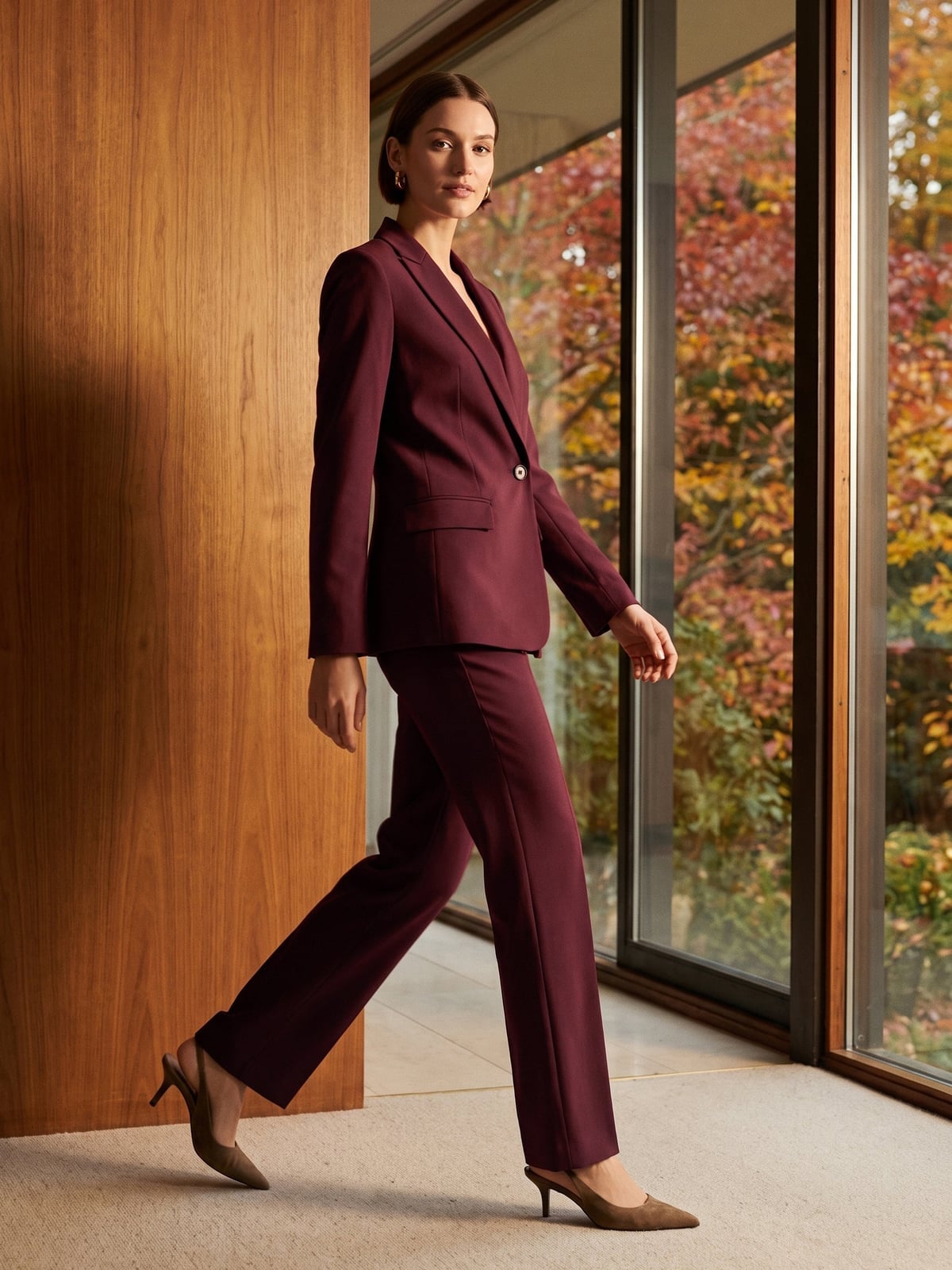 Sharp burgundy power suit with straight-leg trousers — Classy Work Outfits