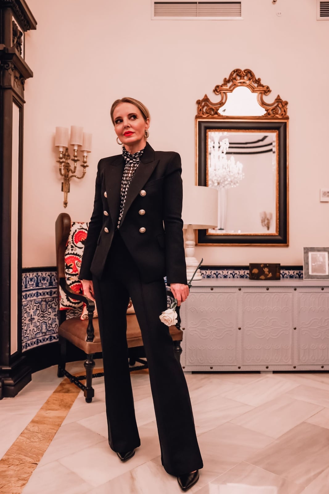 Black double-breasted blazer with printed blouse and fitted trousers — Classy Work Outfits