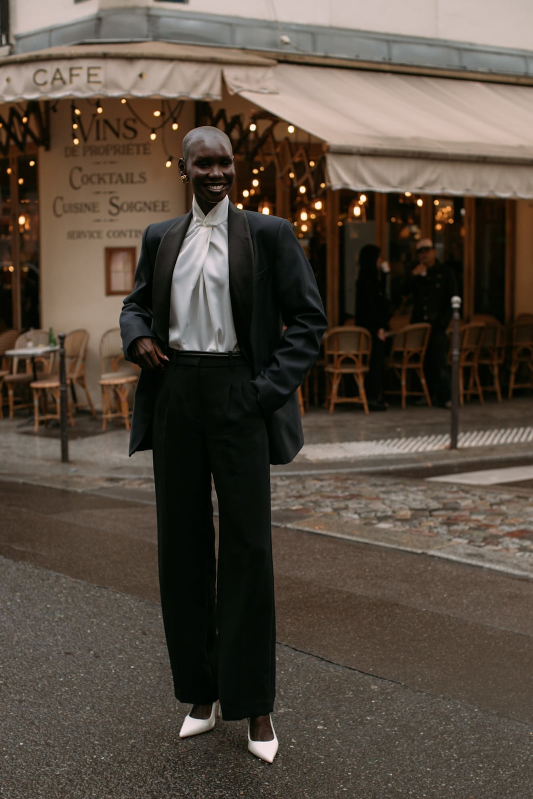 Monochromatic dark suit with white satin blouse — Classy Work Outfits