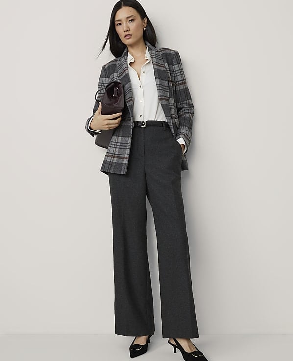 Gray plaid blazer with white shirt and wide-leg trousers — Classy Work Outfits