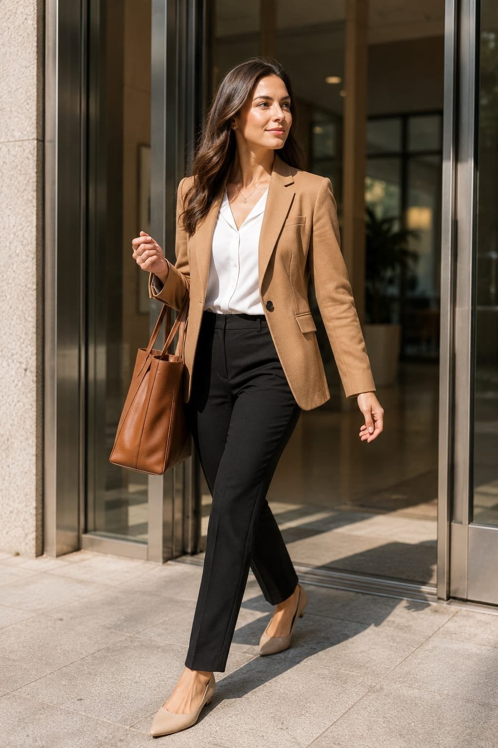 Classic camel blazer with black trousers — Classy Work Outfits Women Office