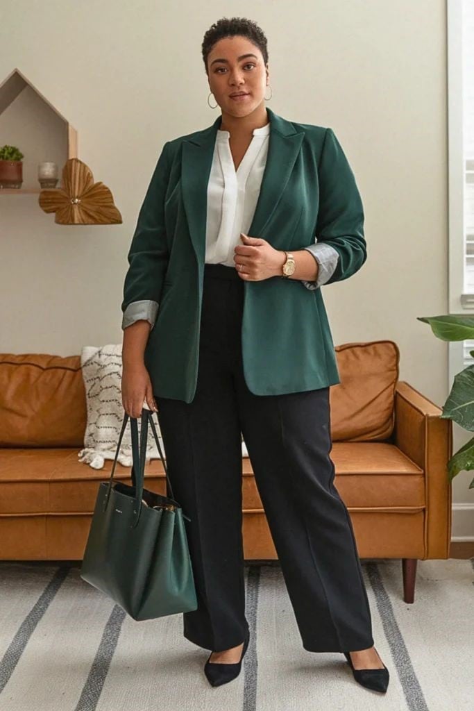 Forest green blazer with black trousers — Classy Work Outfits Women Office