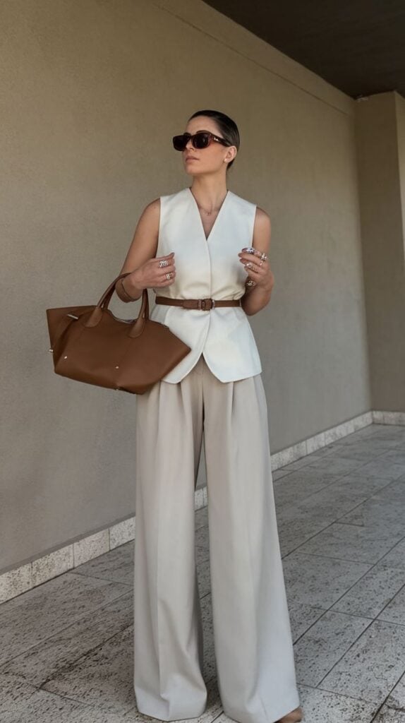 White vest with beige wide-leg trousers — Classy Work Outfits Women Office