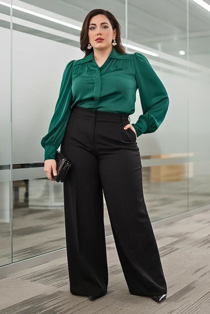 Vibrant green silk blouse with black wide-leg trousers — Classy Work Outfits Women Office