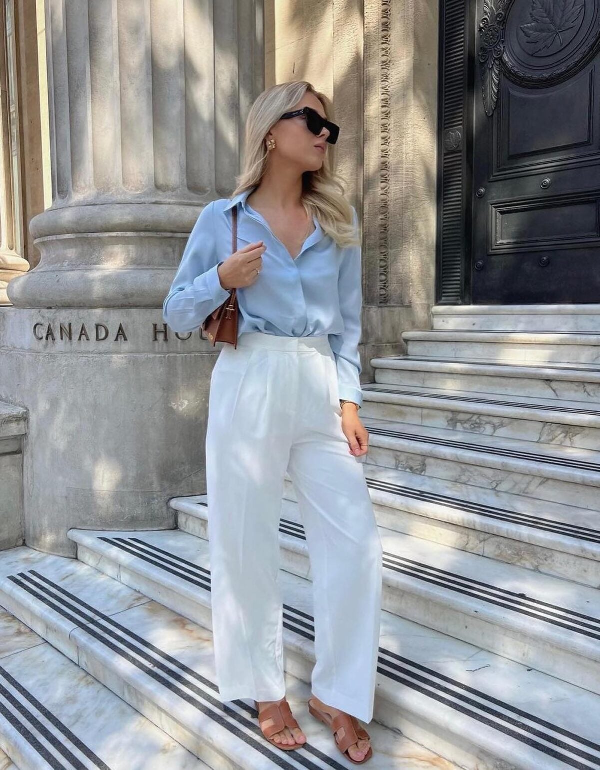 Light blue silk shirt with white linen wide-leg trousers — Classy Work Outfits Women Office