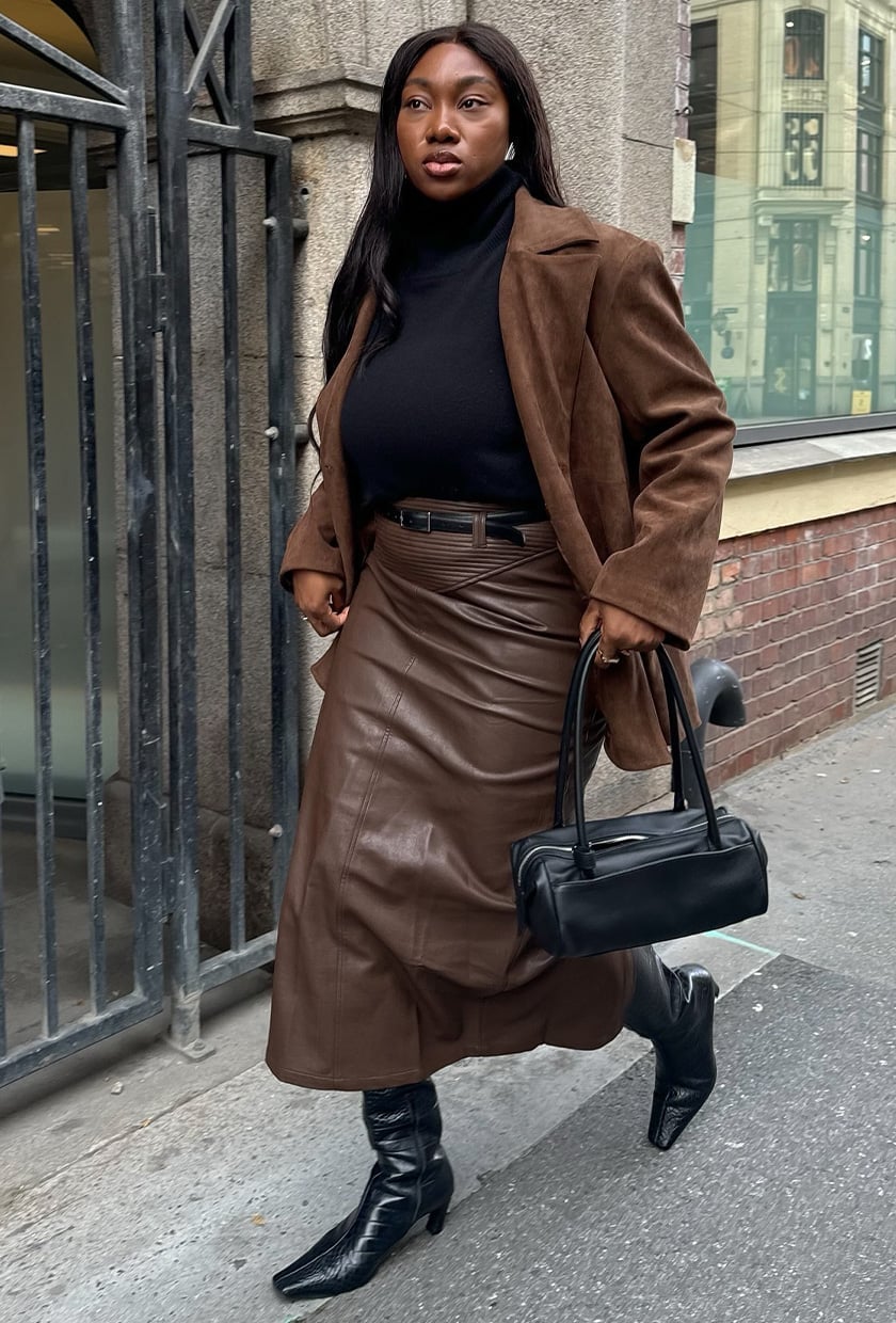 Brown suede blazer with leather midi skirt — Classy Work Outfits Women Office