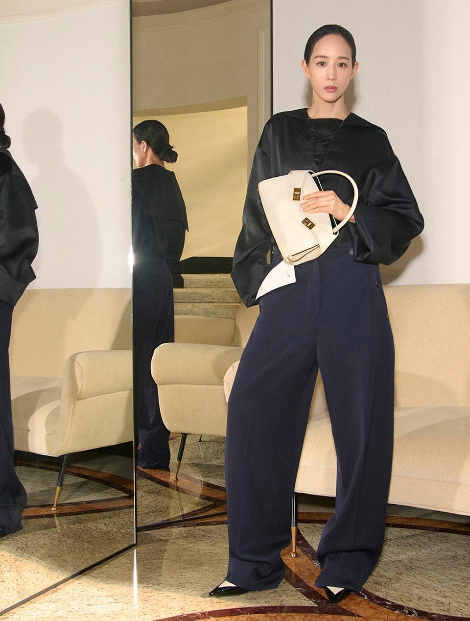 Black satin blouse with navy wide-leg trousers — Classy Work Outfits Women Office
