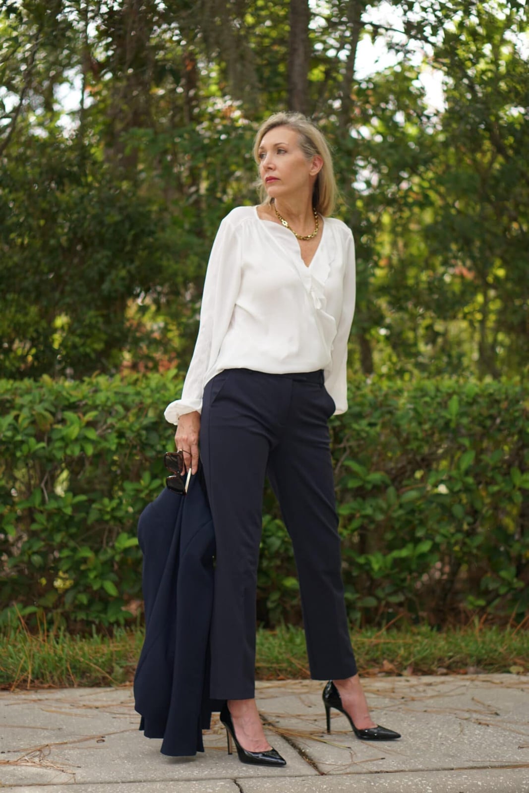 White wrap blouse with navy trousers and blazer — Classy Work Outfits Women Office
