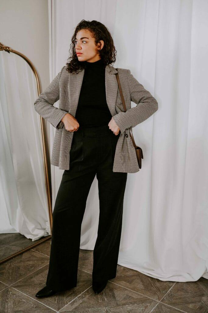 Gray houndstooth blazer with black wide-leg trousers, Wool Blend — Classy Work Outfits Women Office