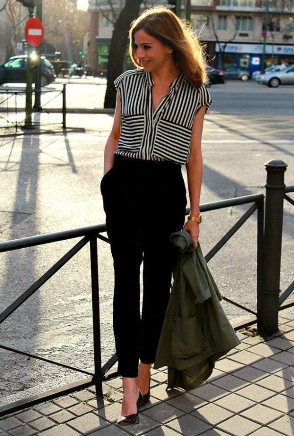 Striped sleeveless blouse with black wide-leg trousers, Gold Bracelet — Classy Work Outfits Women Office