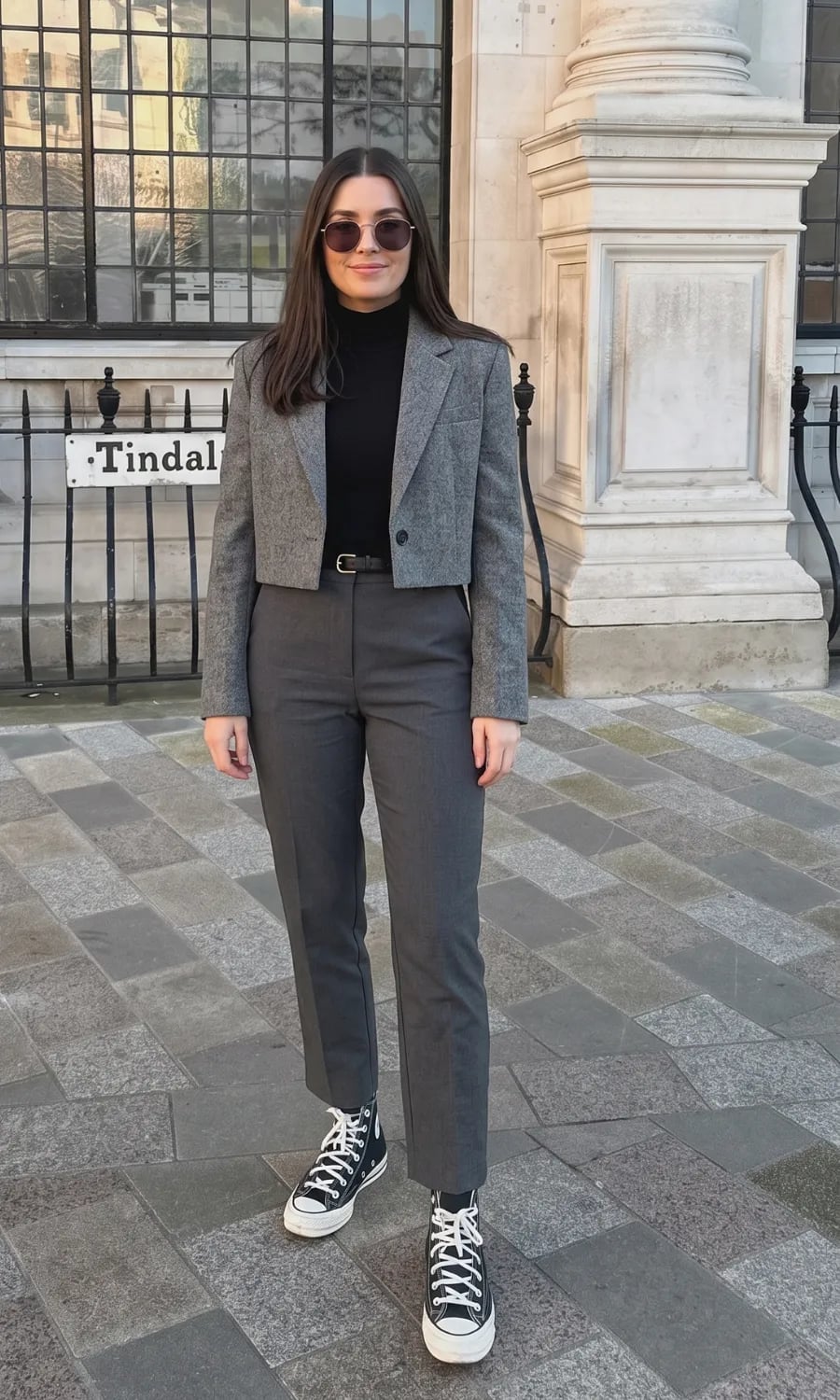 Cropped gray tweed blazer with sneakers — Classy Work Outfits Women Office