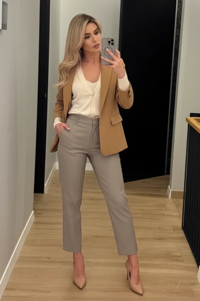 Camel blazer layered over a cream cardigan — Classy Work Outfits Women Office