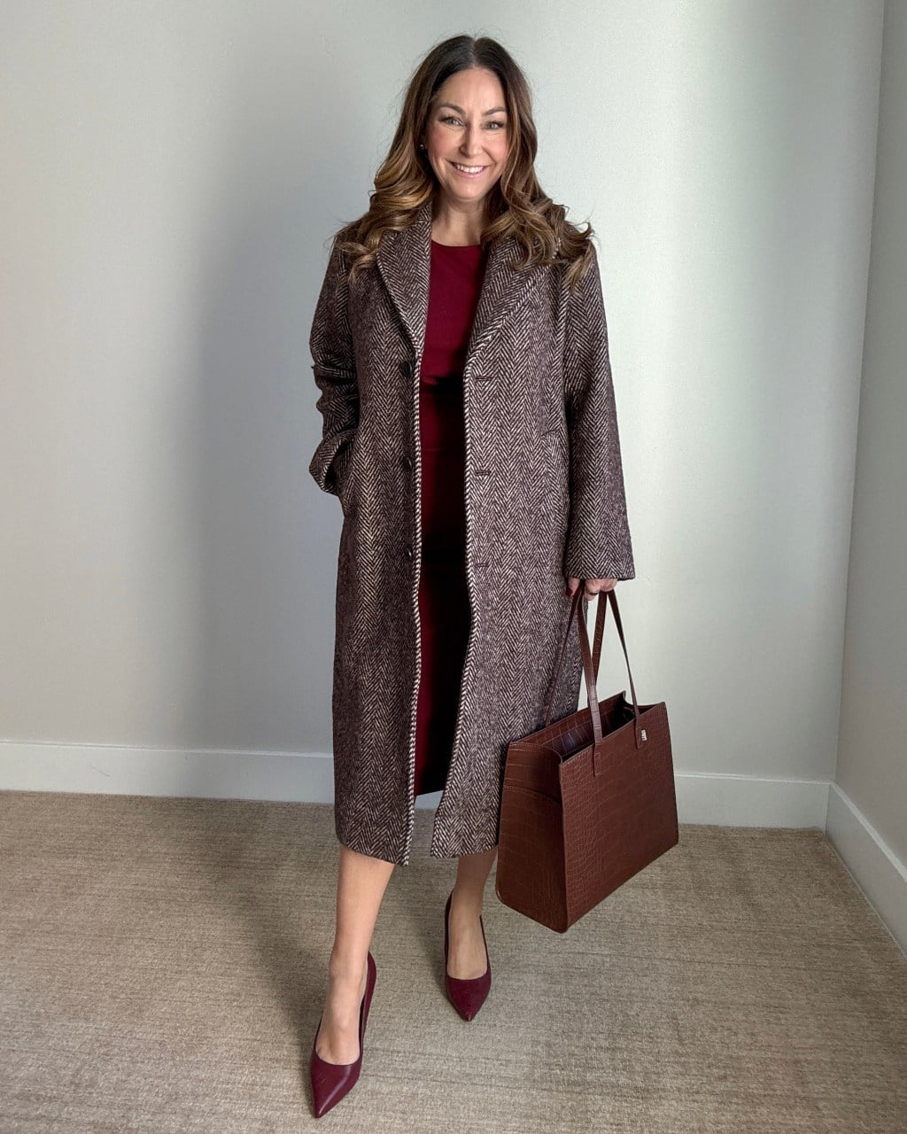 Herringbone coat over a burgundy midi dress — Classy Work Outfits Women Office