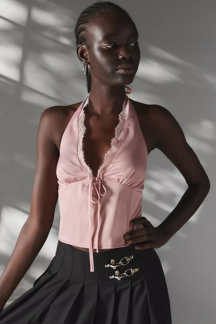 Pink Satin Camisole with Low-Rise Pleated Skirt — Classy Y2K Style