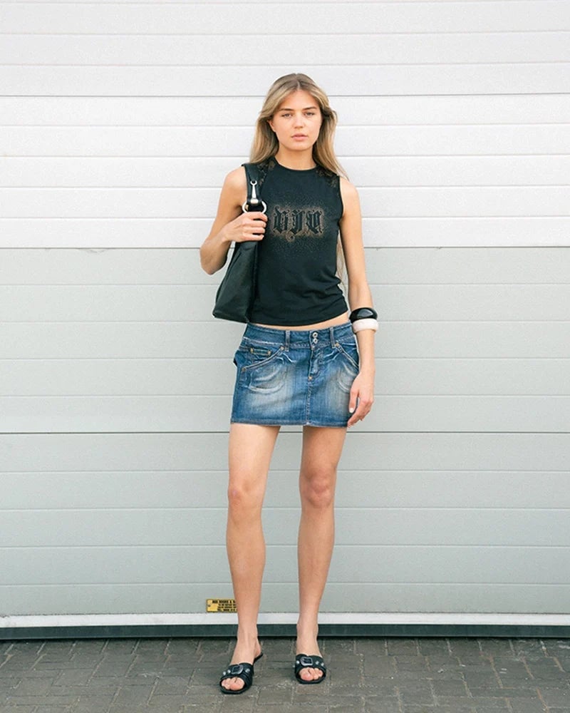 Graphic Top and Low-Rise Denim Mini Skirt Combo — Classy Y2K Style