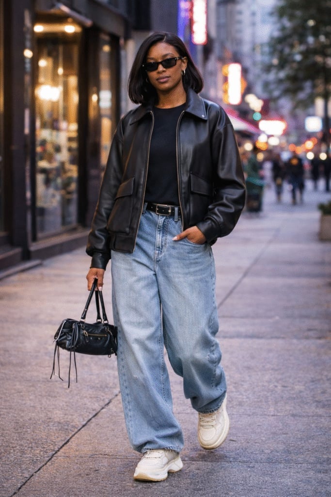 Leather Bomber Jacket and Baggy Jeans Street Style — Classy Y2K Style