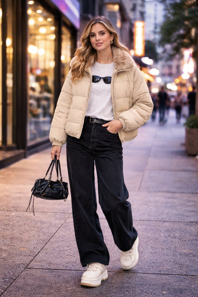 Cropped Puffer Jacket with Wide-Leg Jeans, Chunky White Sneakers — Classy Y2K Style