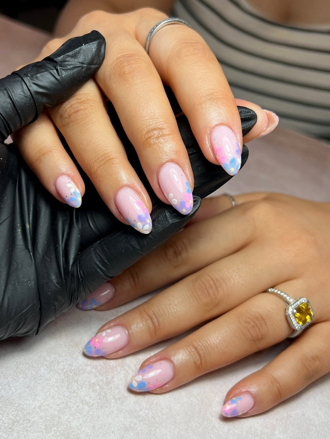 Medium Oval Sheer Pink Pastel Floral French Tip Acrylic Nails — Cute Acrylic Nails
