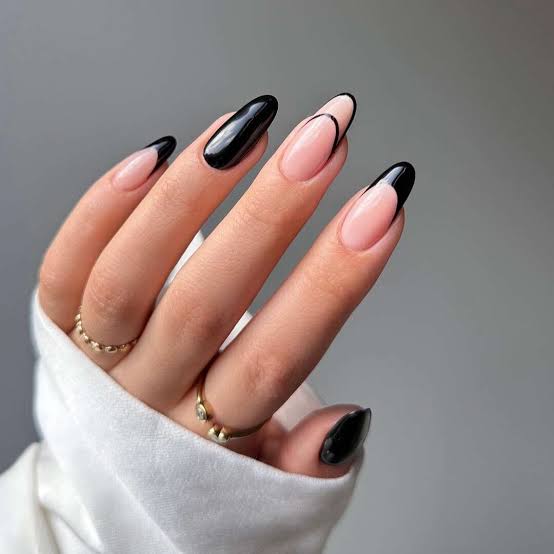 Medium Oval Sheer Pink Black French Tip Acrylic Nails, черный френч — Cute Acrylic Nails