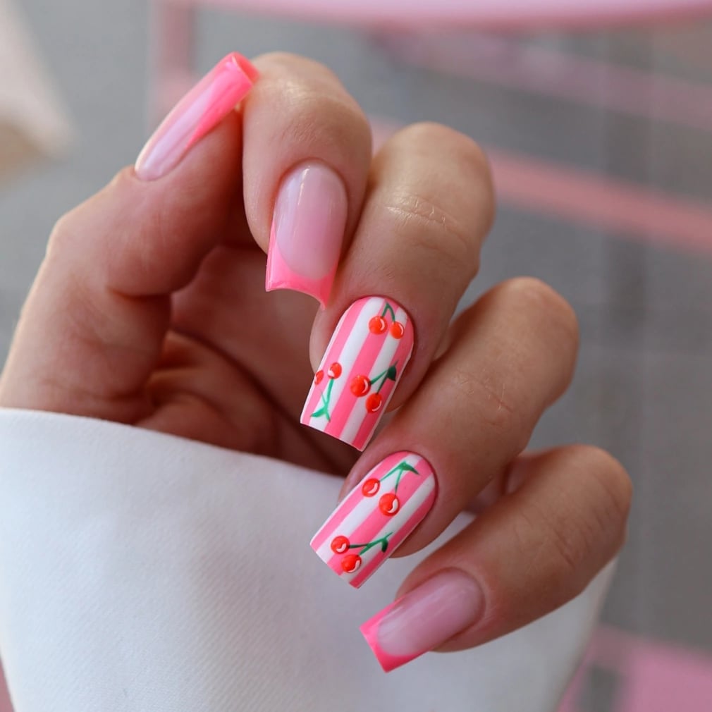 Medium Square Pink White Stripe Cherry Acrylic Nails — Cute Acrylic Nails