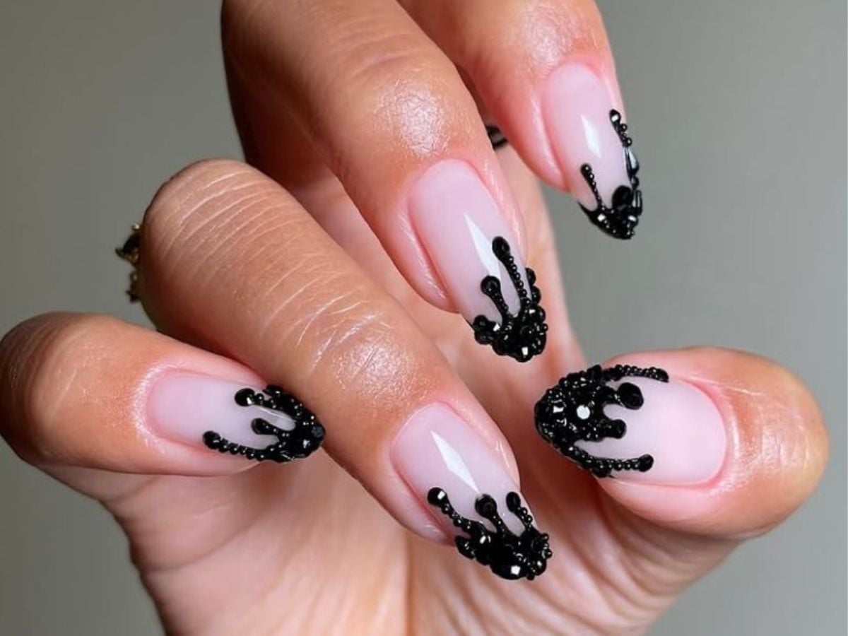 Medium Almond Sheer Pink Black Rhinestone Bead Drip Acrylic Nails — Cute Acrylic Nails